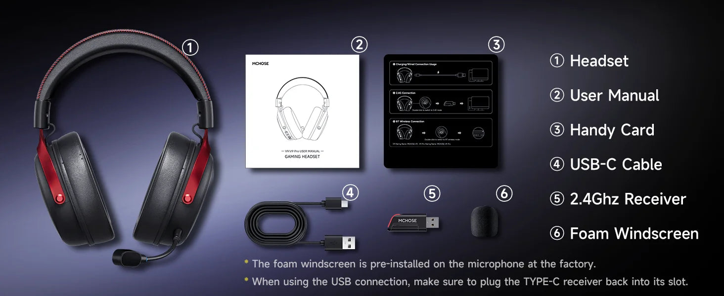 MCHOSE V9 Pro Wireless Gaming Headset 7.1Surround Sound Headphones Noise Canceling Mic Low Latency Lightweight for PS5 PC SWITCH