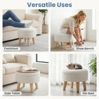 JHK Round Storage Ottoman Stool Teddy Velvet Padded Seat Footstool with Hidden Storage Wood Legs for Living Room Bedroom