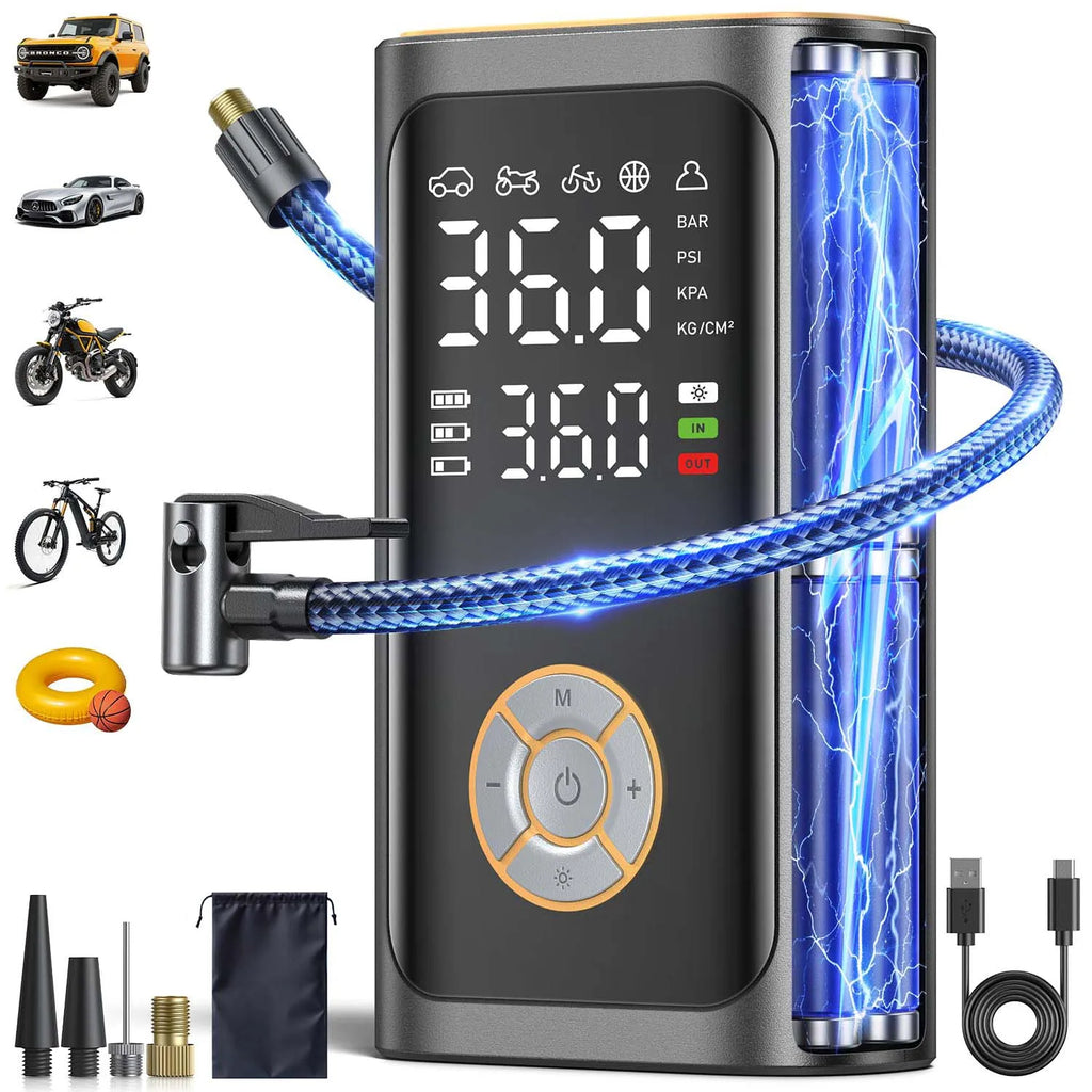 Inflator Portable Air Compressor Cordless Mini Bike Pump with Digital Dual Values Display, 150 PSI Car Tires Air Pump with LED