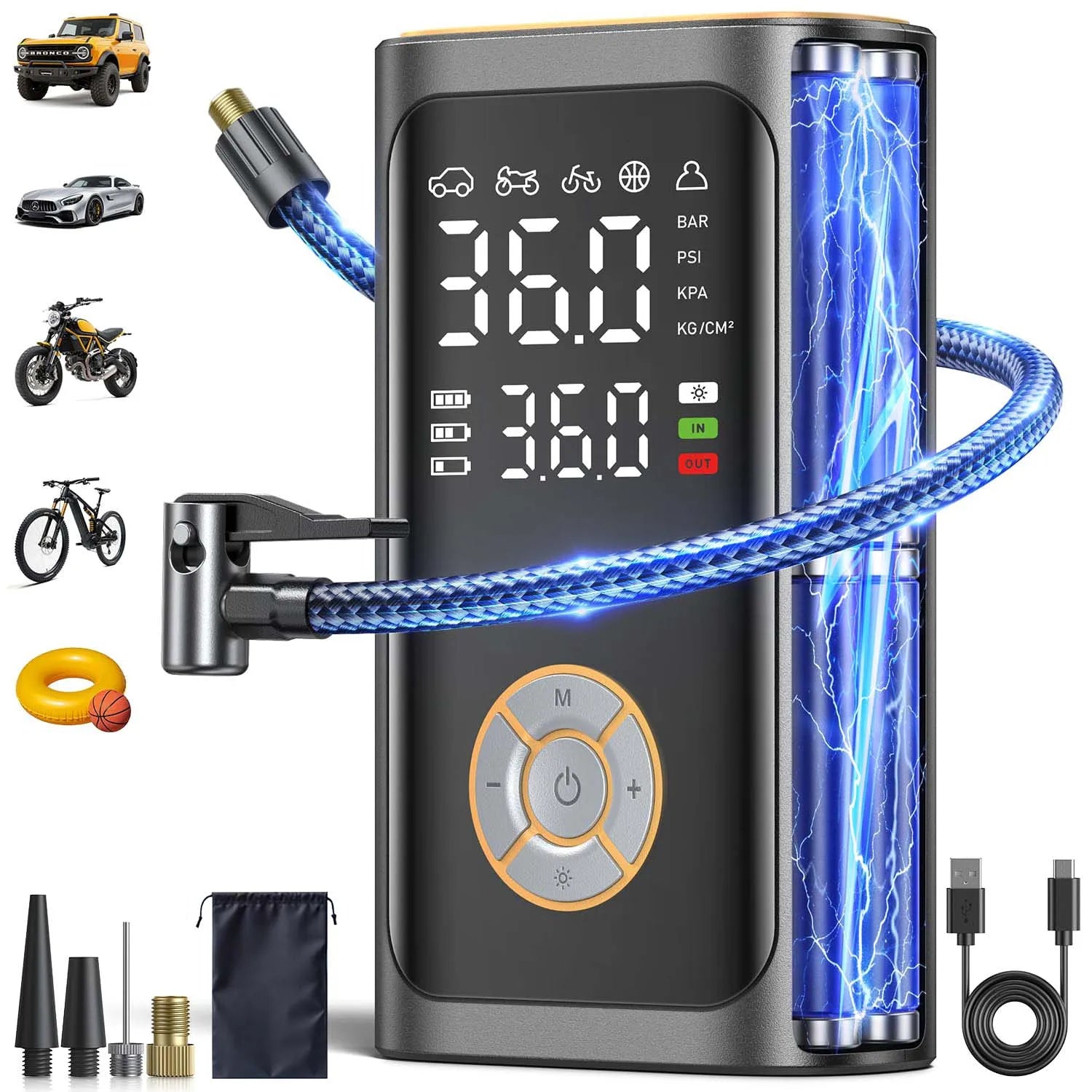 Inflator Portable Air Compressor Cordless Mini Bike Pump with Digital Dual Values Display, 150 PSI Car Tires Air Pump with LED