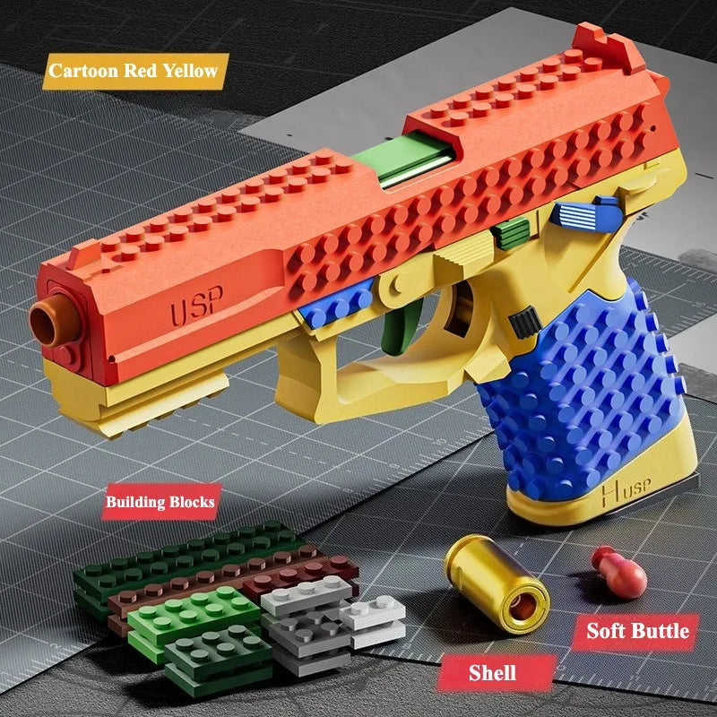 SIG17/USP Building Block Toy Gun Shell Throwing Continuous Firing Airsoft Blowback Empty Hanging Toy Pistol for Outdoor CS Game