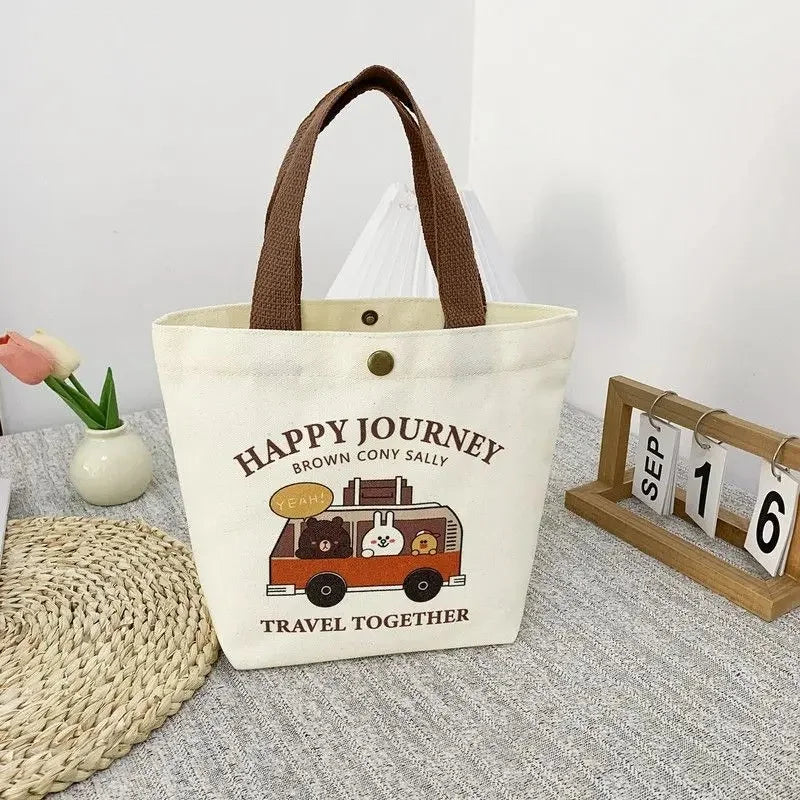 Cute Bear Canvas Mini Handheld Tote Bag Women Portable Lunch Bag Small Student School Handbag Ideal Gift Bag