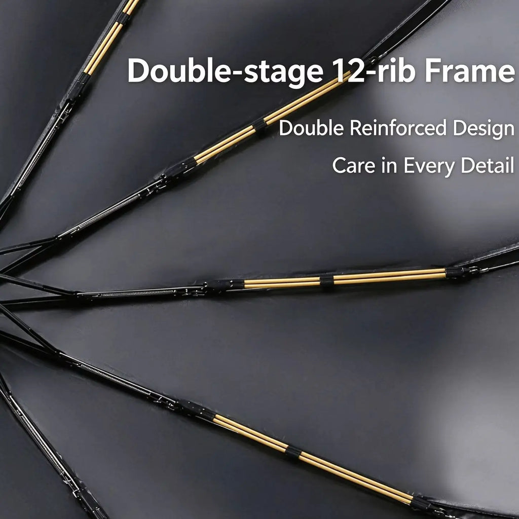 12 Bone Double Bones Black Glue Fully Automatic Umbrella, Rain & Sun Dual Use Three Fold, Sturdy Keel, UV Protection