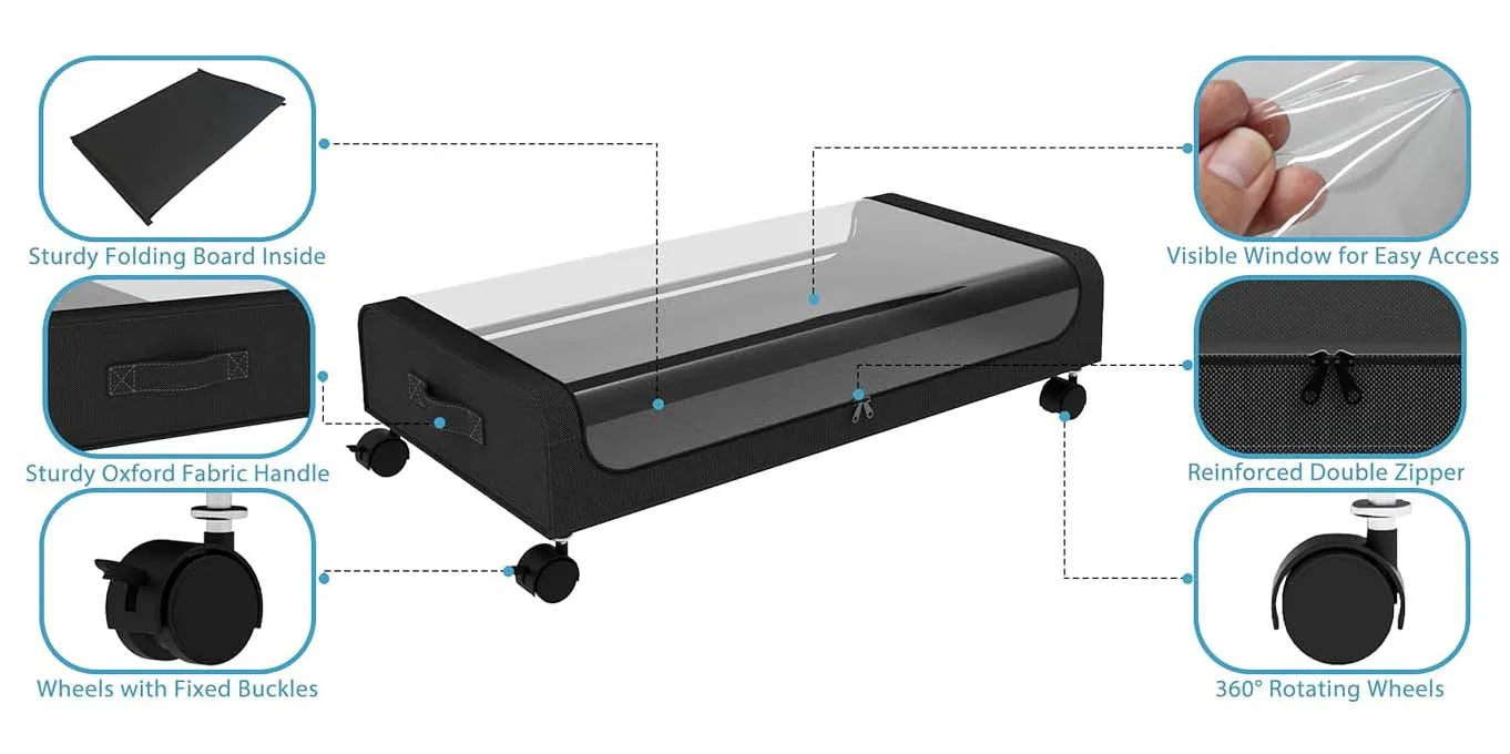 Under Bed Storage With Wheels, 2-Pack 48L Each Under The Bed Storage Containers With Clear Lids & Label, Underbed Storage Bins