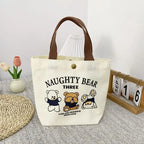 Cute Bear Canvas Mini Handheld Tote Bag Women Portable Lunch Bag Small Student School Handbag Ideal Gift Bag