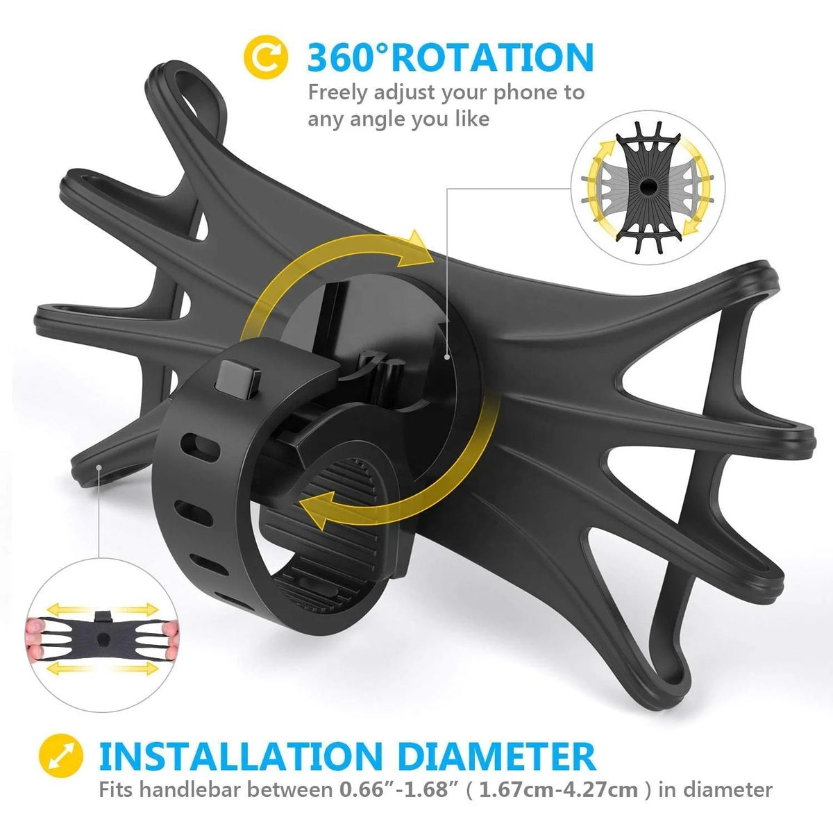 1Pc Bicycle Phone Holder - Suitable for 4-7 inch Mobile Phones, 360° Rotating Shockproof and Non-Slip Handlebar Bracket. Durable Black ABS Bracket with Clamping Mechanism, Free Finger Navigation Accessories for Road Bikes an