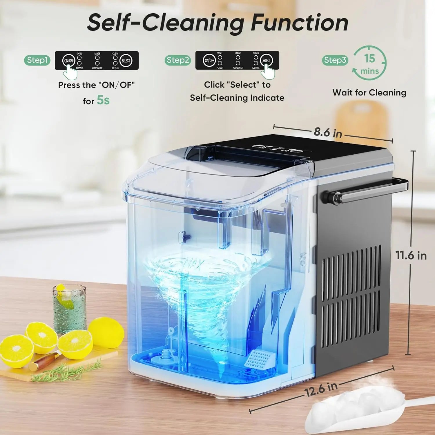 Portable Countertop Ice Maker, 26lbs/24H, 9 Cubes in 6 Mins, Self-Cleaning, Quiet for Home Kitchen RV Camping - Nexvibe