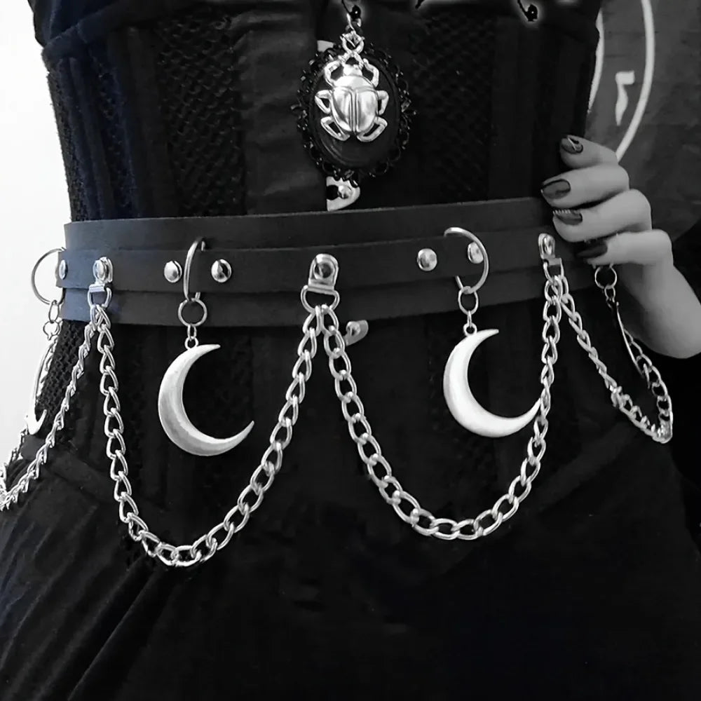 Witches vegan leather statement belt Moon Heart Circle chain belt goth rock Vintage Waistband For Women Girls