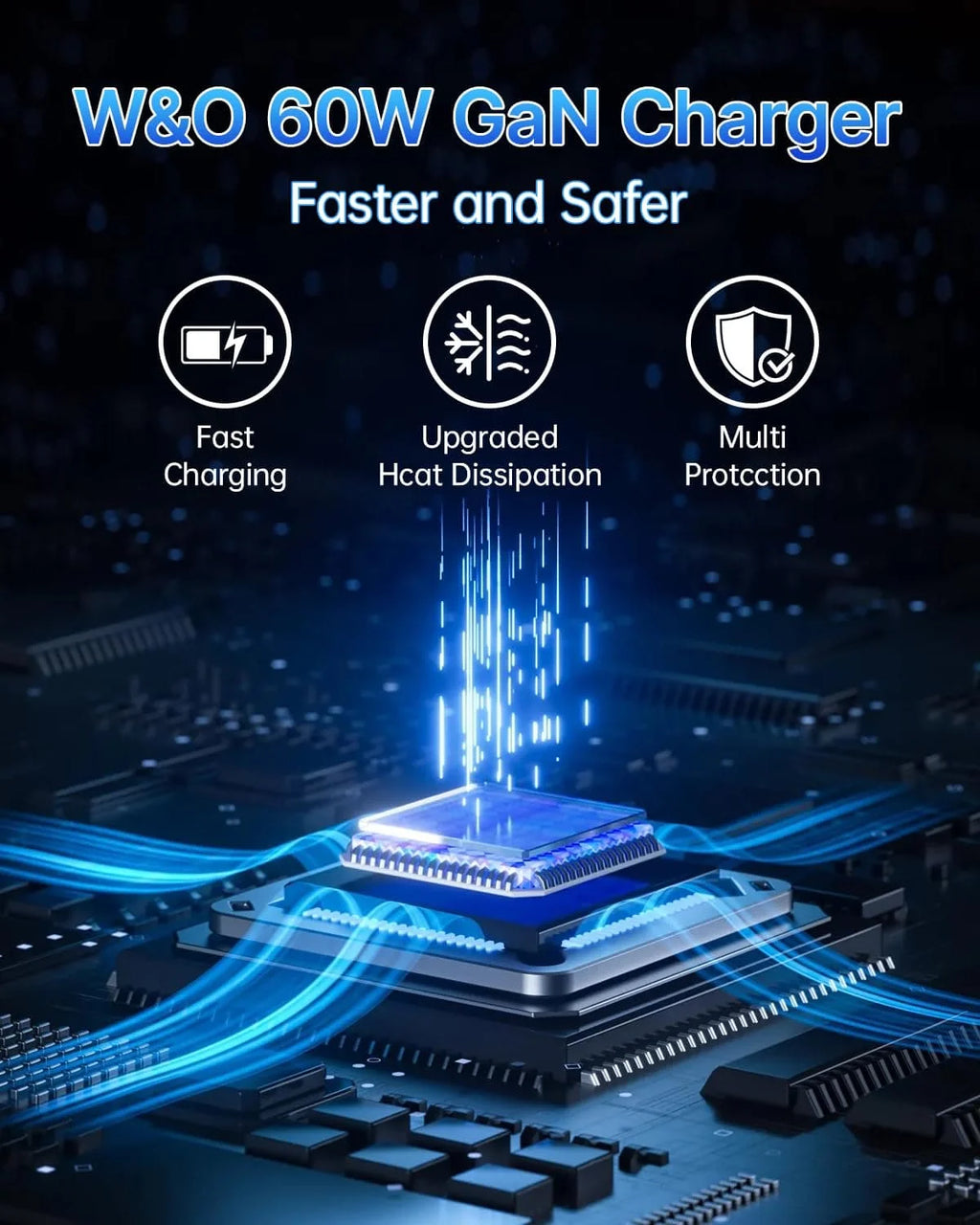W & O 60W GAN Fast Charger for iPhone, Retractable Phone Charger Wall Plug with Type‑C & Compatible Lightning Cables, for iPhone 17/16/15, Galaxy S25/24, Android Devices