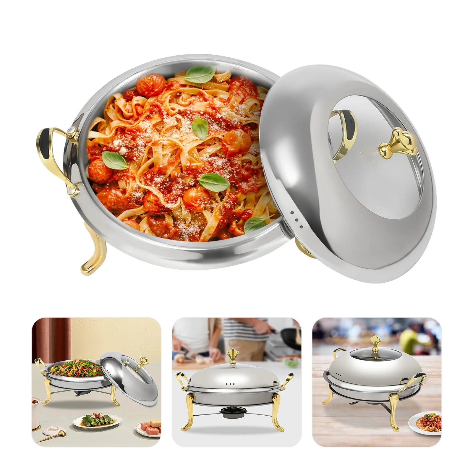 2.5L/2.64QT Round Chafing Dish Buffet Set Stainless Steel Servers Warmers with Visible Window & Fuel Holders Warming Tray for Hotels Buffets Restaurants Family Gatherings 36*36*23cm