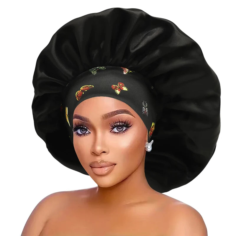 Women's Butterfly Design Silk Sleep Cap Wide-Tie Milk Bonnet Single Piece Hair Accessory