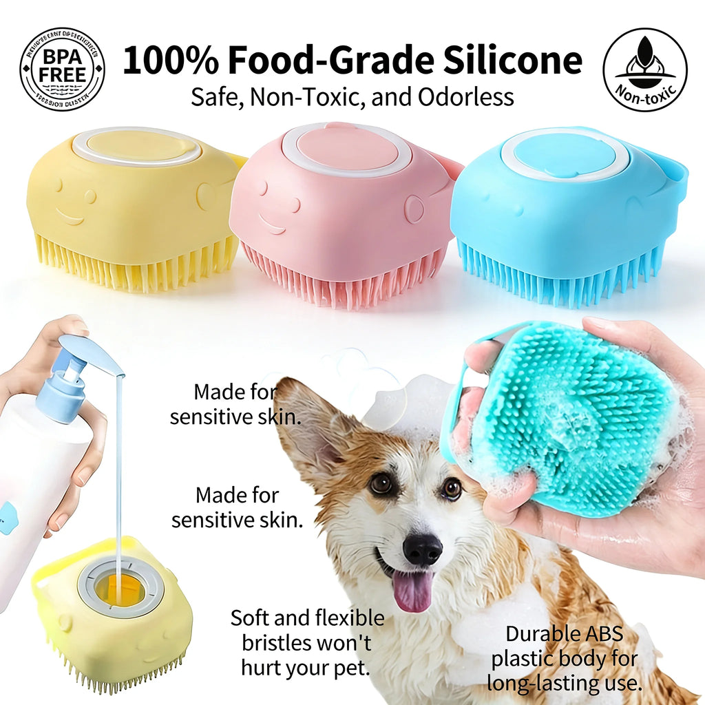 2-In-1 Pet Bath & Massage Brush With Shampoo Storage Silicone Dog Cat Grooming Tool For Puppy Kitten Sensitive Skin