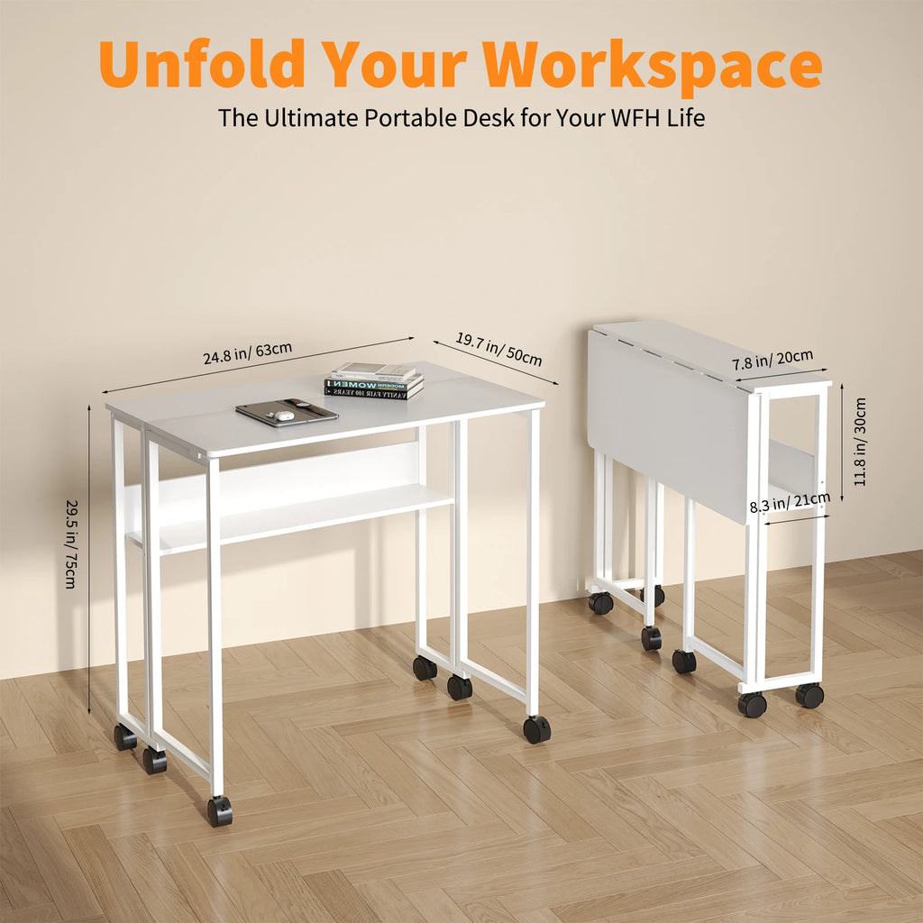 Compact 25" Folding Desk with Wheels Storage Shelf Foldable Computer Table for Small Spaces Home Office Dorm Sturdy Iron Frame Easy Assembly Natural Oak/White/Black
