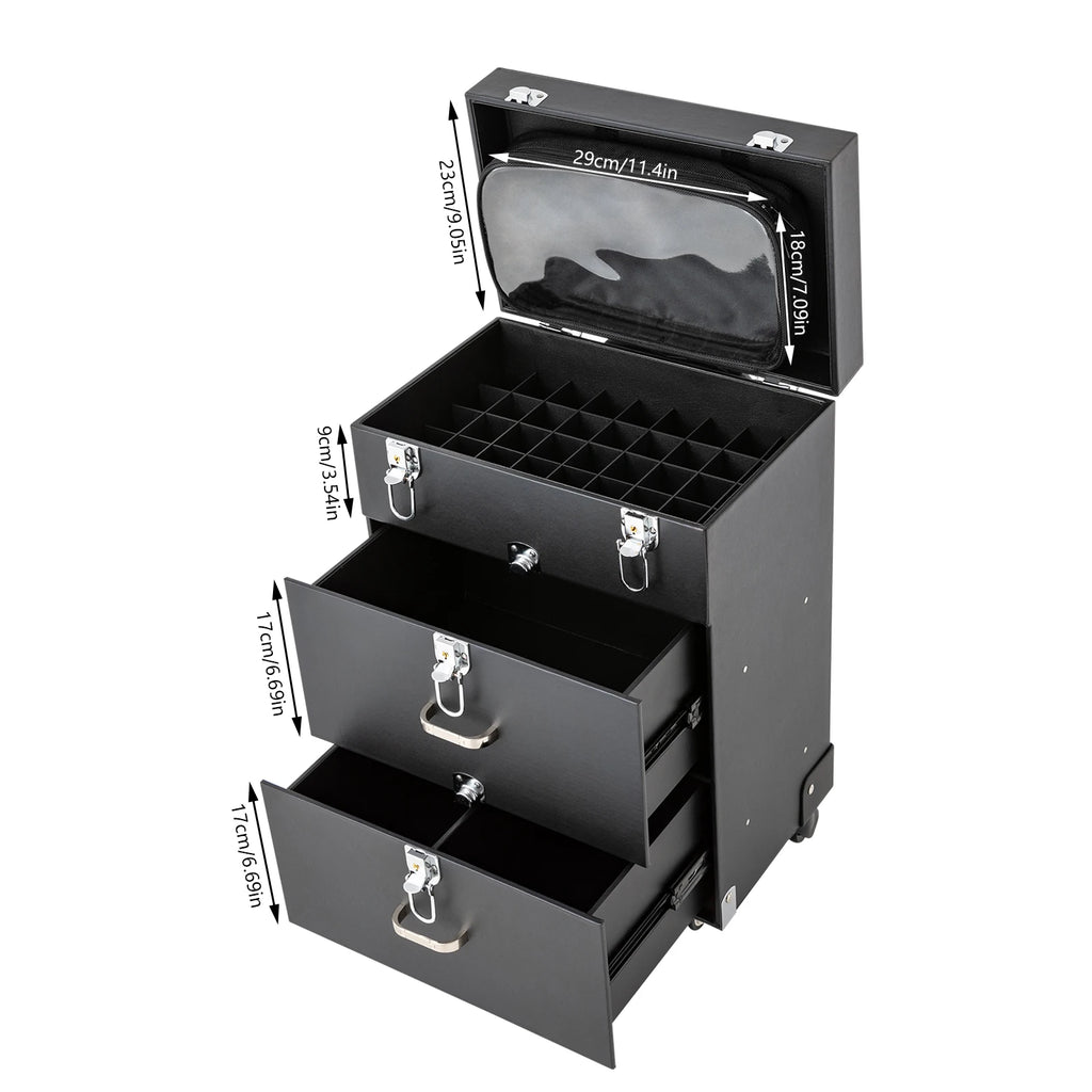 Rolling Makeup Train Case with Wheels, Professional Cosmetic Trolley Lockable Storage, 3-Layer Large Capacity Travel Organizer