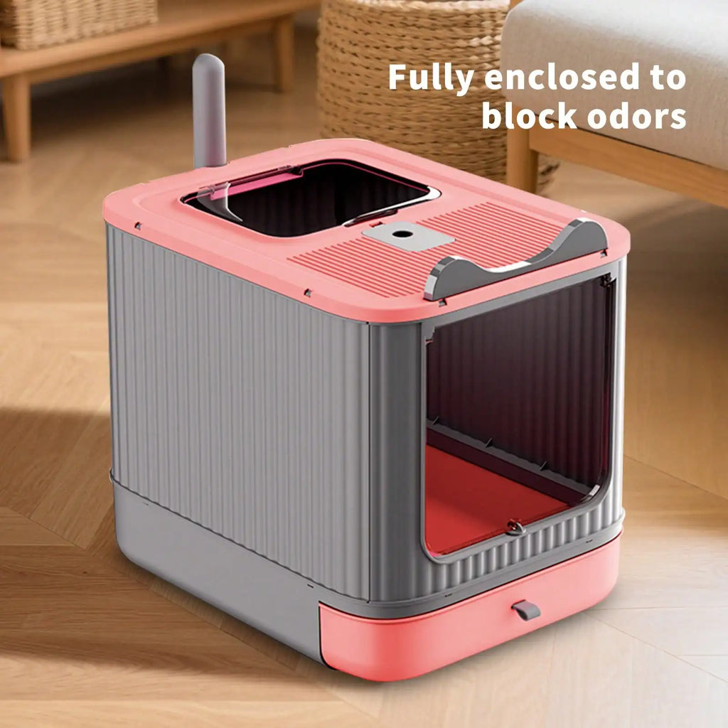 Foldable Cat Litter Box, Fully Enclosed Litter Box With Lid, Covered Kitty Kitten Litter Boxes Enclosure With Scoop, Odor Control, Easy To Clean, 3 Modes For Cat Up To 12 Lbs(White&Pink)