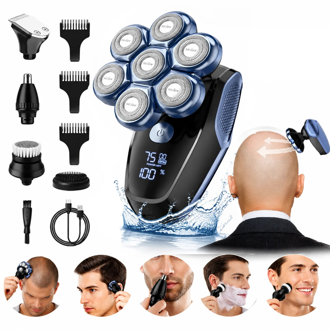 Head Shavers for Bald Men 7D Floating 5-in-1 Upgraded Electric Shaver, IPX7 Waterproof (Wet/Dry Use), LED Display & Type-C Fast Charging; Ideal Gift for Father, Boyfriend, or Husband