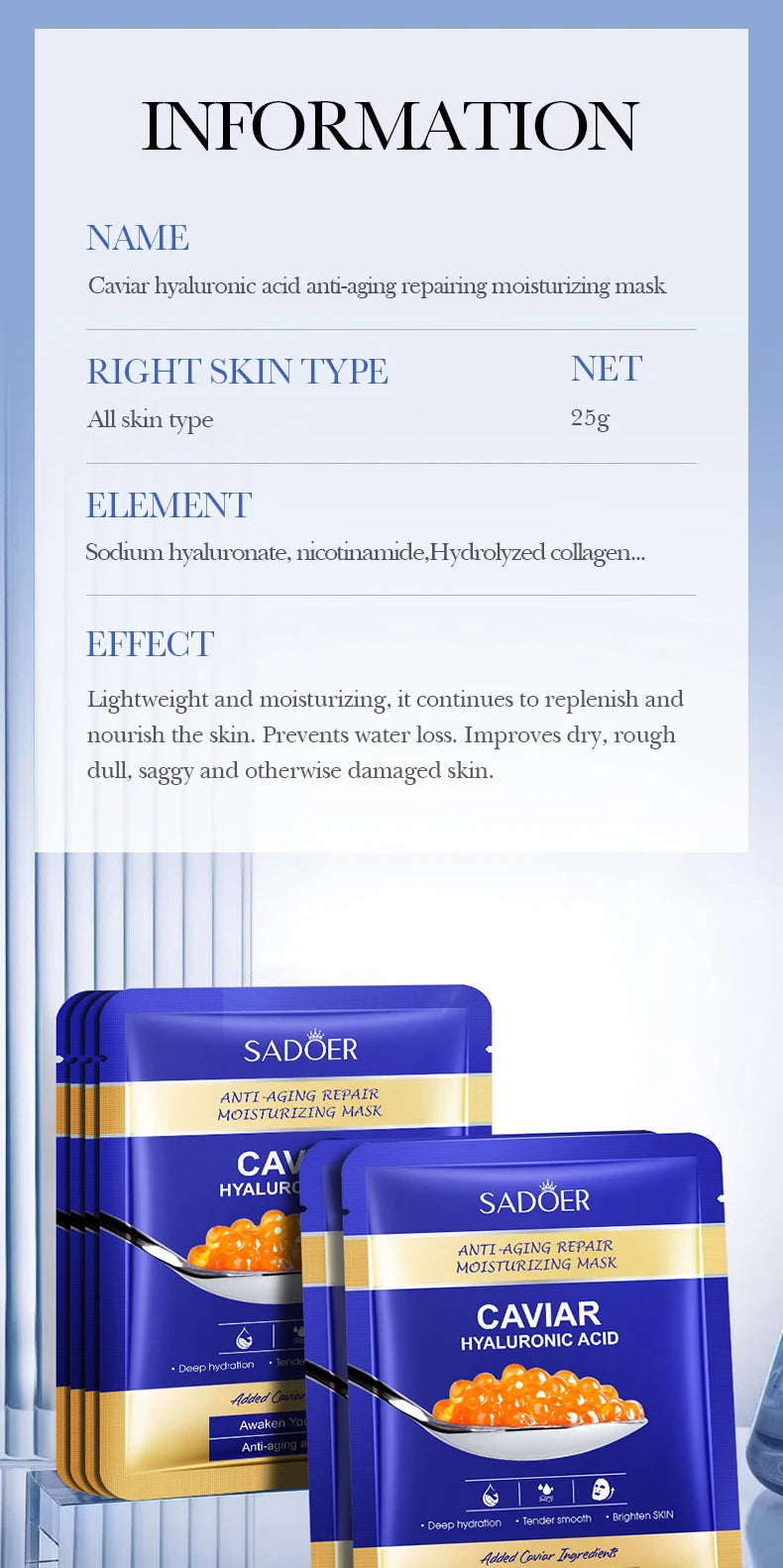 5pcs SADOER Caviar Hyaluronic Acid Moisturizing Facial Masks Brightening Firming Hydrating Face Mask Facial Skin Care Products