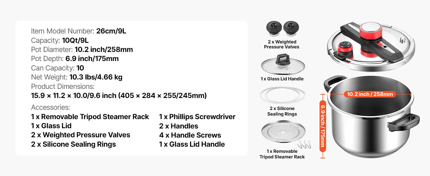 SucceBuy 6.3 8 10 12 Qt Pressure Cooker Stainless Steel Pressures Canner with Steaming Rack Tempered Glass Lid for Meat, Beans,