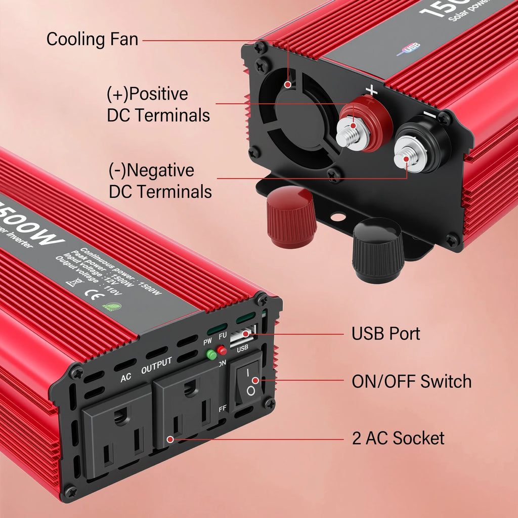 Portable Power Inverter 50Hz Nominal 1500W DC 12V to AC 110V with Dual Sockets for Car Outdoor Use Modified Sine Wave