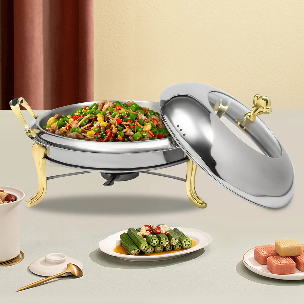 Round Gold Chafing Dish for Buffet 2.64QT Stainless Steel Food Warmer w/ Lid & Handle, Buffet Warmer Chafers  for Parties, Weddings, Catering
