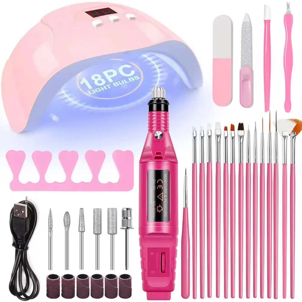 Professional USB Electric Nail Drill Polish File Kit with UV LED Nail Lamp Gel Manicure Dryer Lamp Acrylic Starter Set