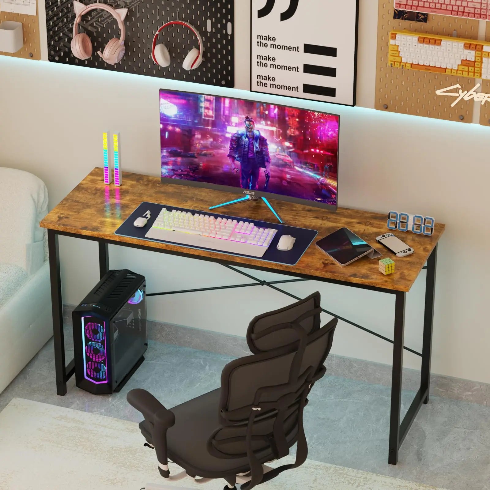 JHK Computer Office Desk Writing Study Office Gaming Table Modern Simple Style Compact Metal Frame Wood Tabletop Easy Assembly