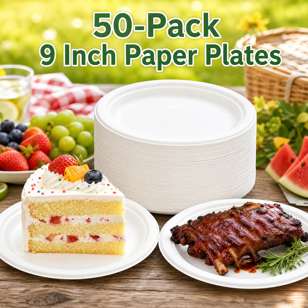 9 Inch Eco Plates 50 Pack, Made from Renewable Sugarcane, BPA-Free and Biodegradable, for Sustainable Parties and Daily Meals