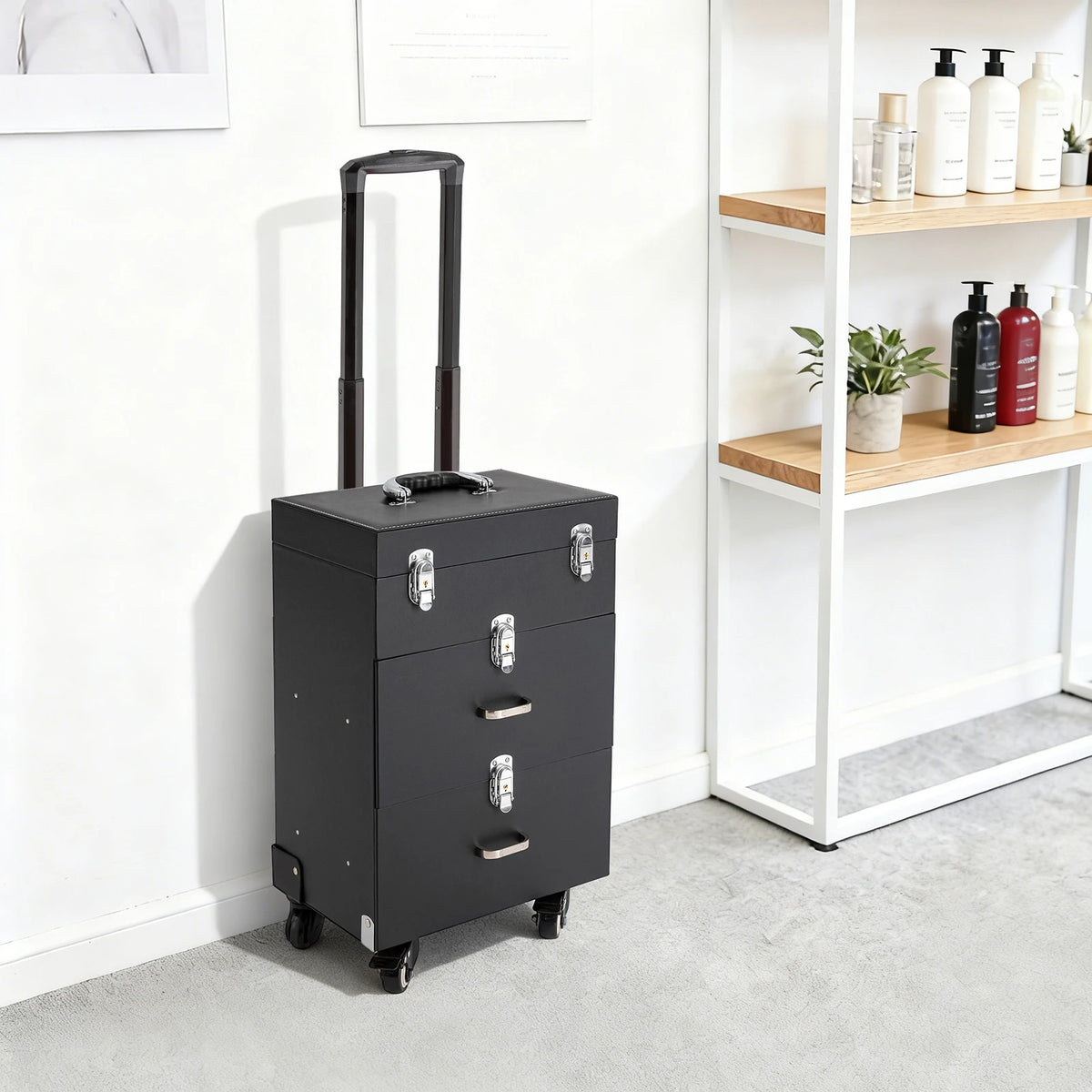 Rolling Makeup Train Case with Wheels, Professional Cosmetic Trolley Lockable Storage, 3-Layer Large Capacity Travel Organizer