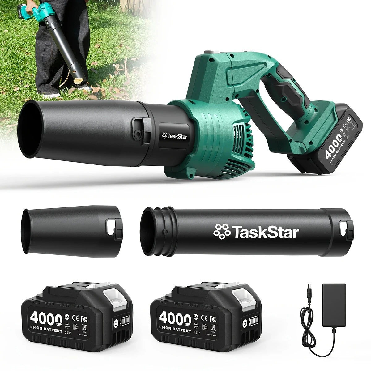 Taskstar Leaf Blower for Lawn 550CFM Electric Cordless Small Blower with Swivel Head, 2*4000mAh Battery & Charger 21V Airblower for Clean Car Patio Yard, Blowing Leaves / Dust Removal