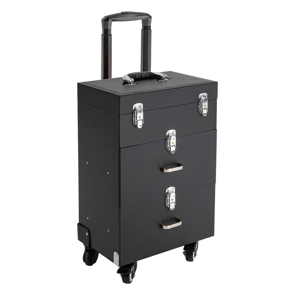 Rolling Makeup Train Case with Wheels, Professional Cosmetic Trolley Lockable Storage, 3-Layer Large Capacity Travel Organizer