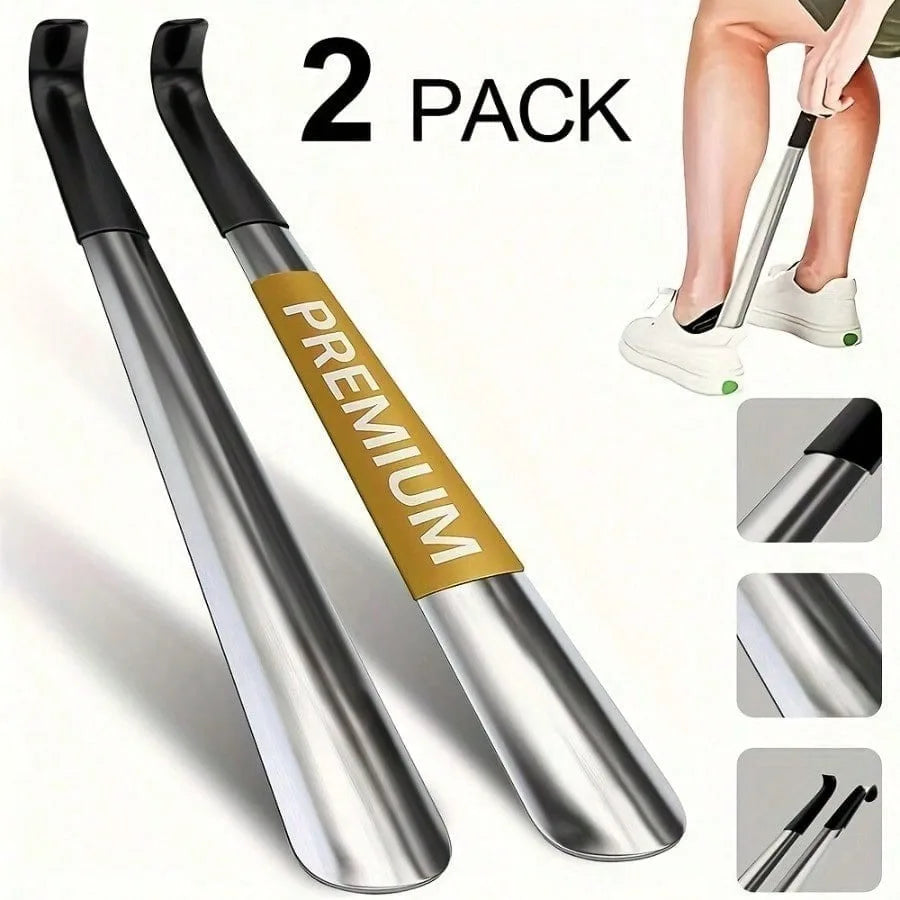 Long Handle Shoe Horn Set of 2, 13 & 16 Inch, High Quality Metal with Ergonomic Handle, Makes Putting on Shoes Effortless
