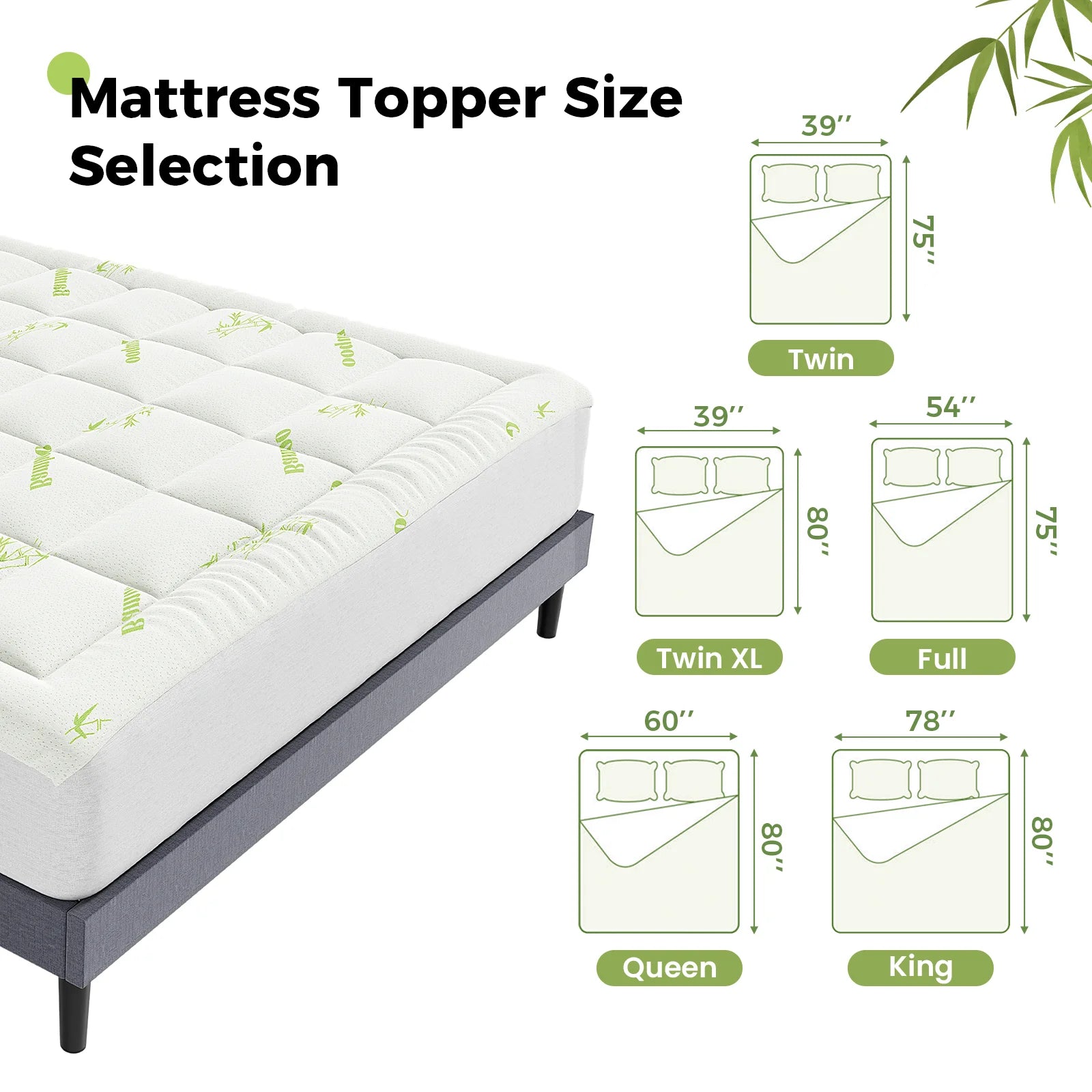 JHK Bamboo Fiber Soft Mattress Topper with Deep Pockets 400g Thick Mattress for Back Pain Relief Breathable Cooling Material