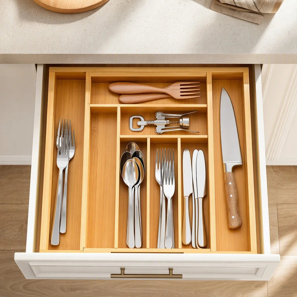 Bamboo Expandable Drawer Organizer for Utensils Holder, Adjustable Silverware Organizer Cutlery Tray, Drawer Dividers for Utensils, Flatware, Knives in Kitchen, Bedroom, Living Room