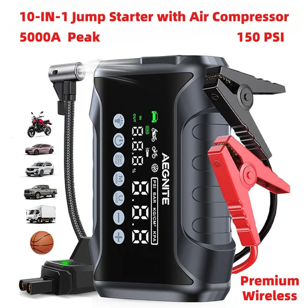 10-IN-1 Jump Starter with Air Compressor, 5000A Portable Car Battery Booster (9.0 Gas/6.5L Diesel) with 150PSI Auto-Shutoff Tire Inflator, 12V Supersafe Lithium Jump Box Car Battery Jumper Starter