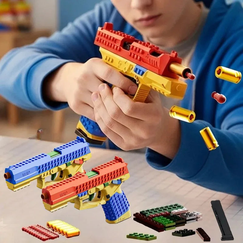 SIG17/USP Building Block Toy Gun Shell Throwing Continuous Firing Airsoft Blowback Empty Hanging Toy Pistol for Outdoor CS Game