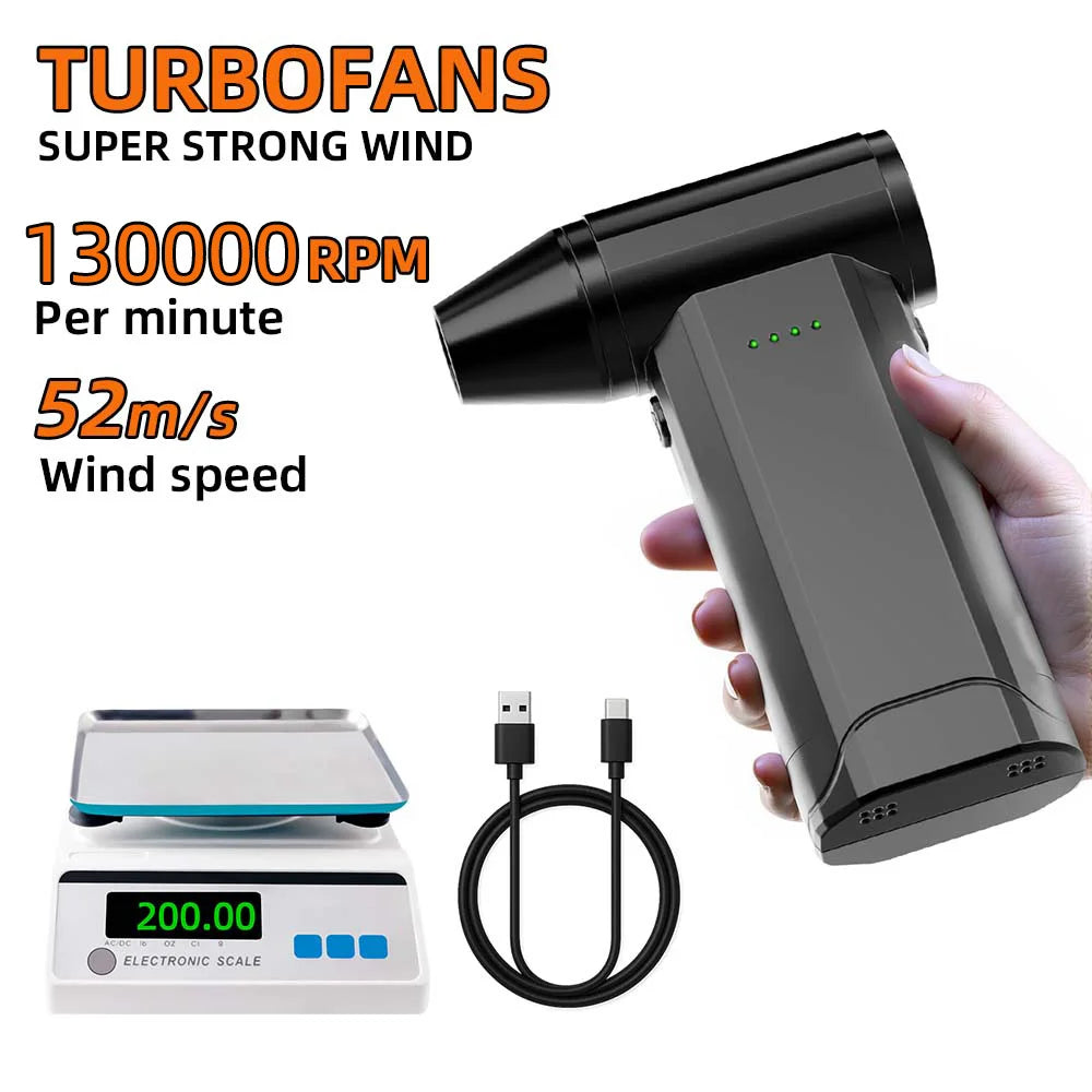130,000 RPM Ultra-Portable Turbo Jet Fan 200g Thrust | 52m/s High Speed 2x2500mAh Batteries Type-C Fast Charging Brushless Desig