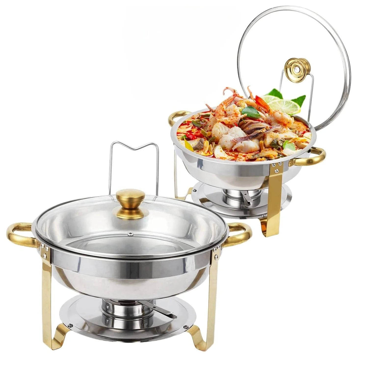 2/4 Pack Chafing Dish Buffet Set, 5QT Buffet Servers and Warmers, Round Catering Warmer with Glass Lid & Lid Holder for Party