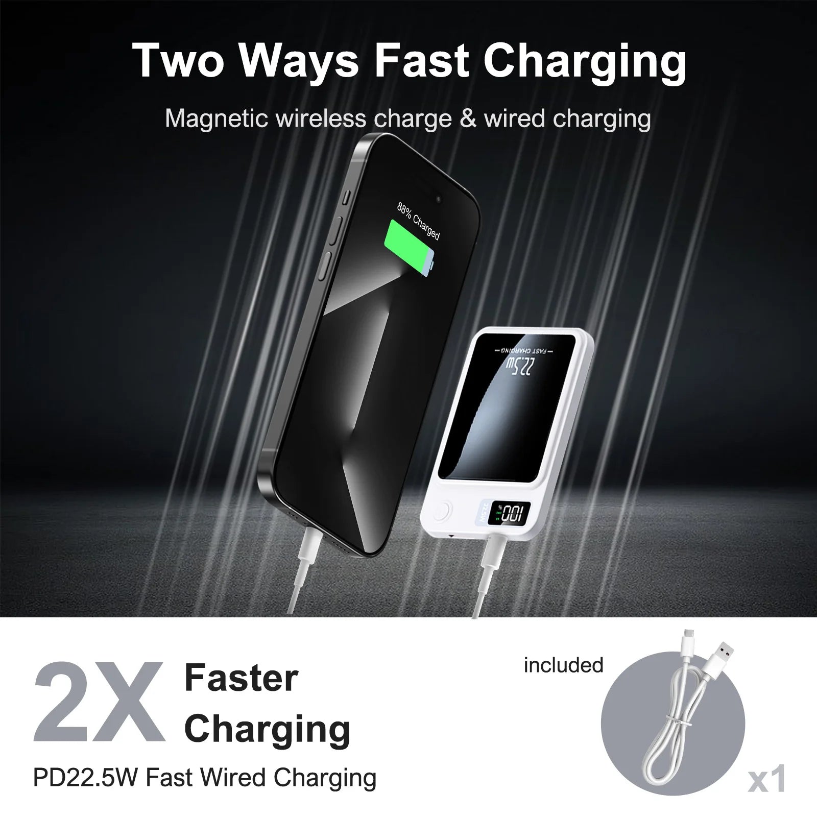 2-in-1 Wireless Magnetic Power Bank Fast Charging Portable PD 22.5W 10000mAh LED Power Display for iPhone 17/16/15/14 Samsung