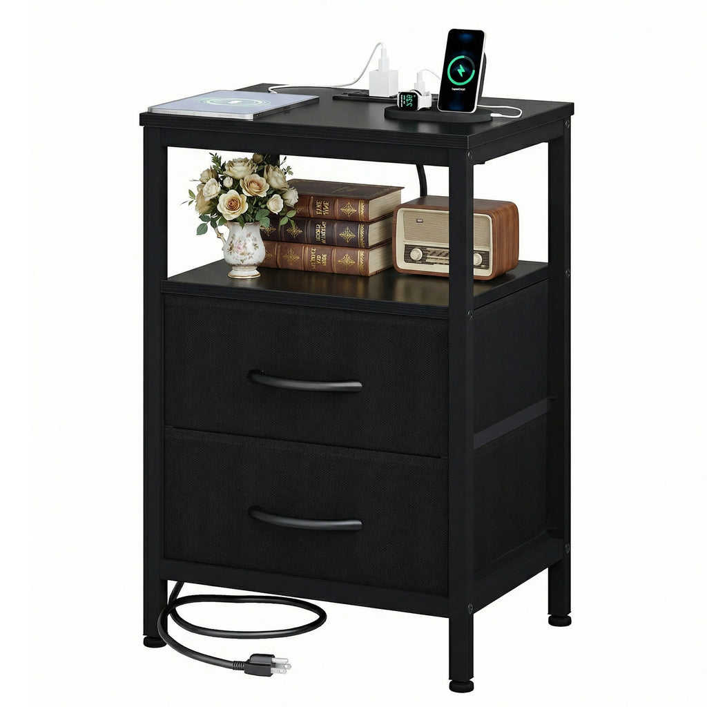 JHK 2 Fabric Drawers Night Stand with Open Shelf Bedside Table with USB Ports Charging Station Storage End Table for Living Room