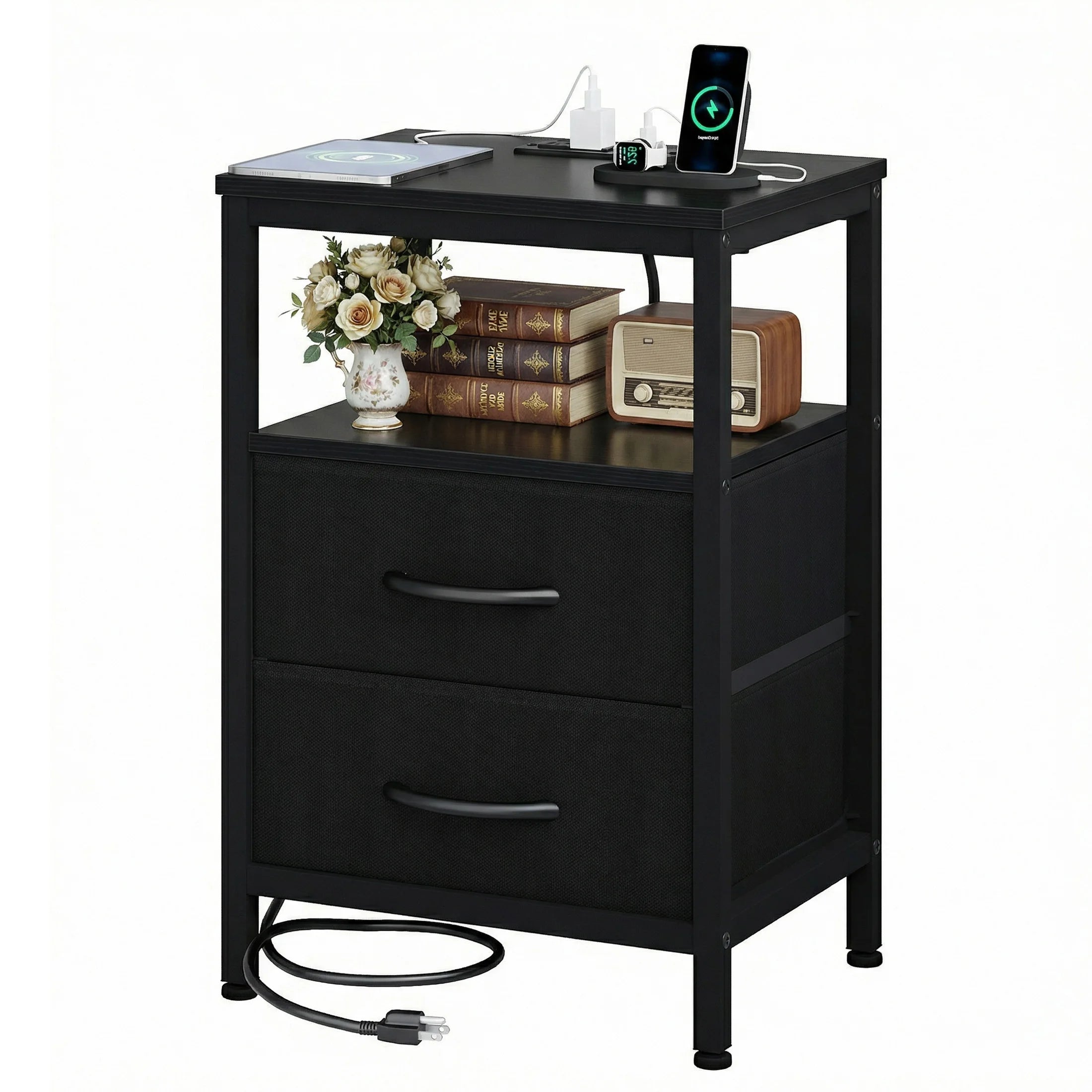 JHK 2 Fabric Drawers Night Stand with Open Shelf Bedside Table with USB Ports Charging Station Storage End Table for Living Room