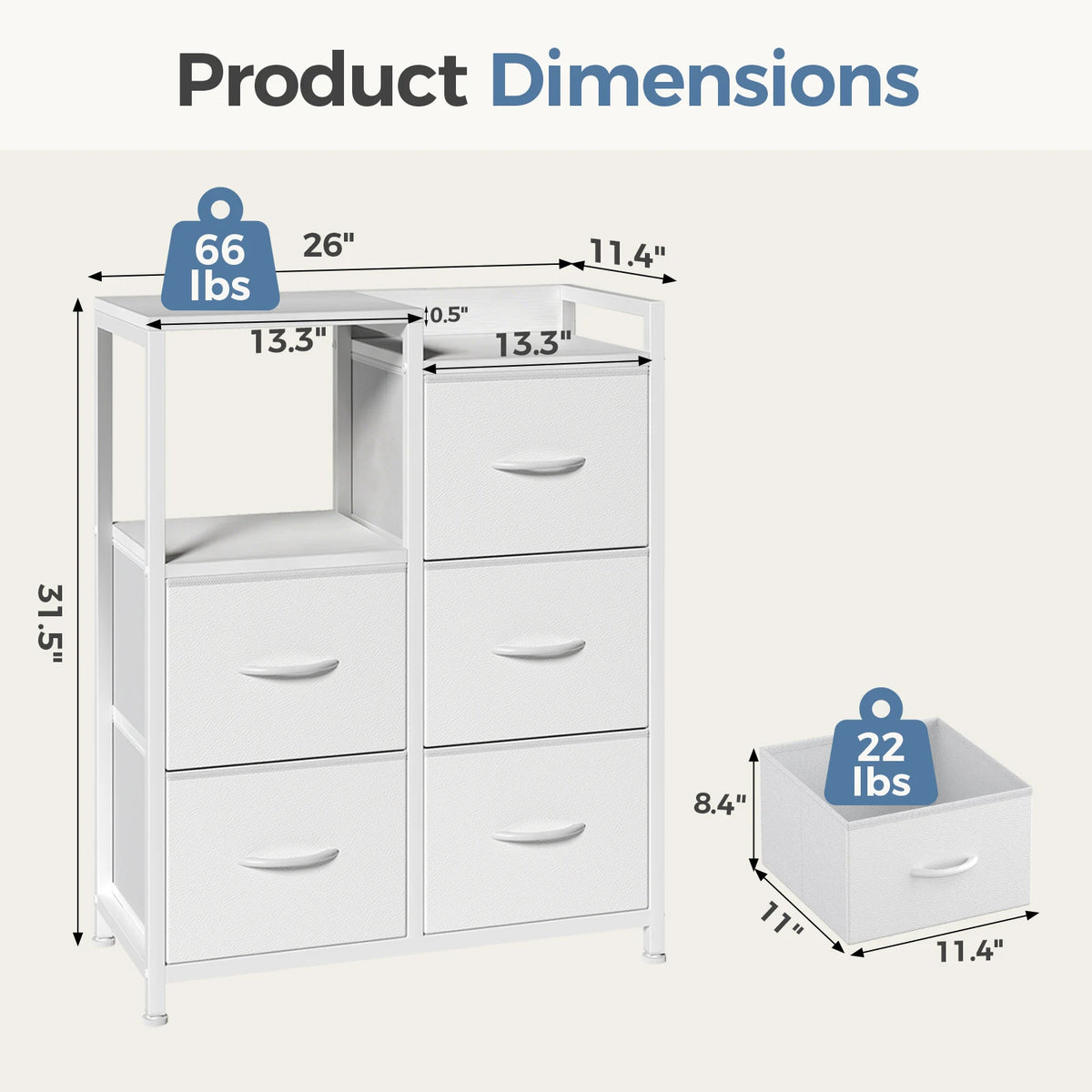 JHK  5 Fabric Drawer Chest with Raised Shelf Metal Frame TV Stands for Bedroom Storage Tower with Bins for Closet Organization Hallway Storage for Home