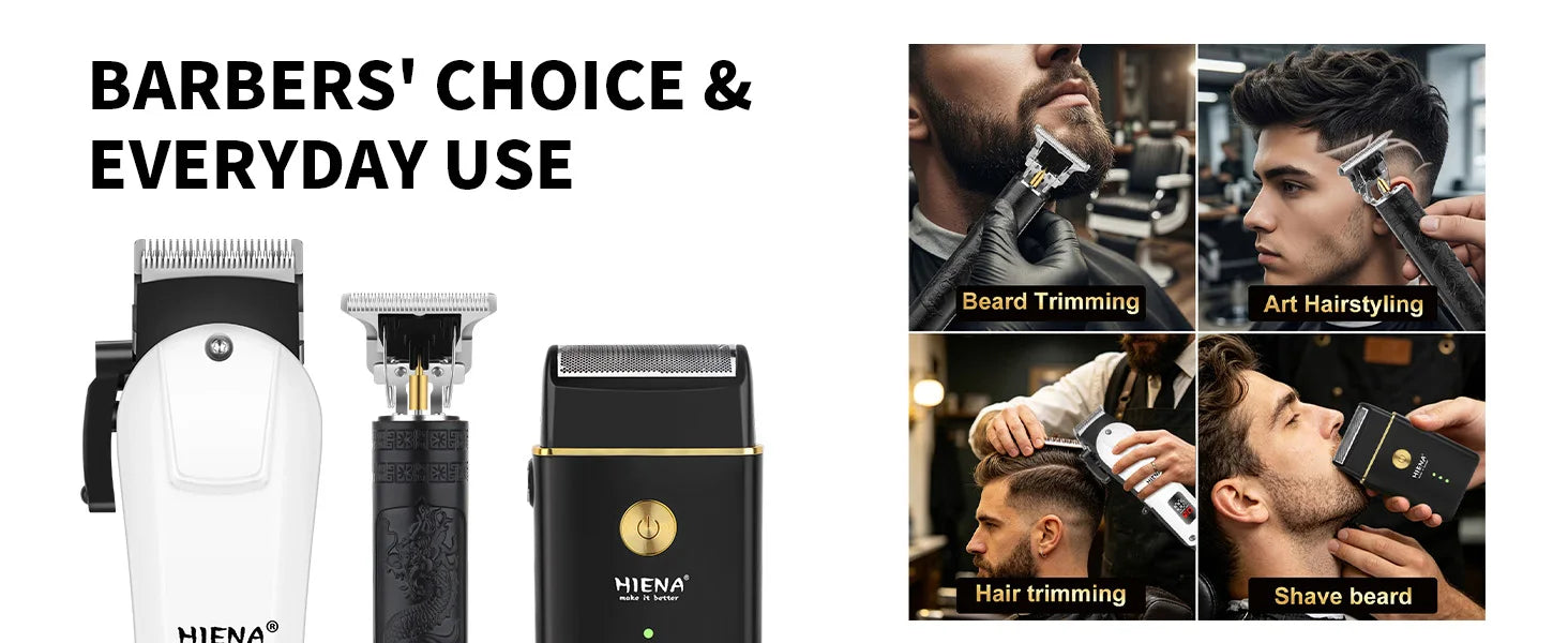 HIENA Professional Barber Kit Electric Hair Clipper Beard Shaver Detail Trimmer Cordless Rechargeable Titanium Blades for Home