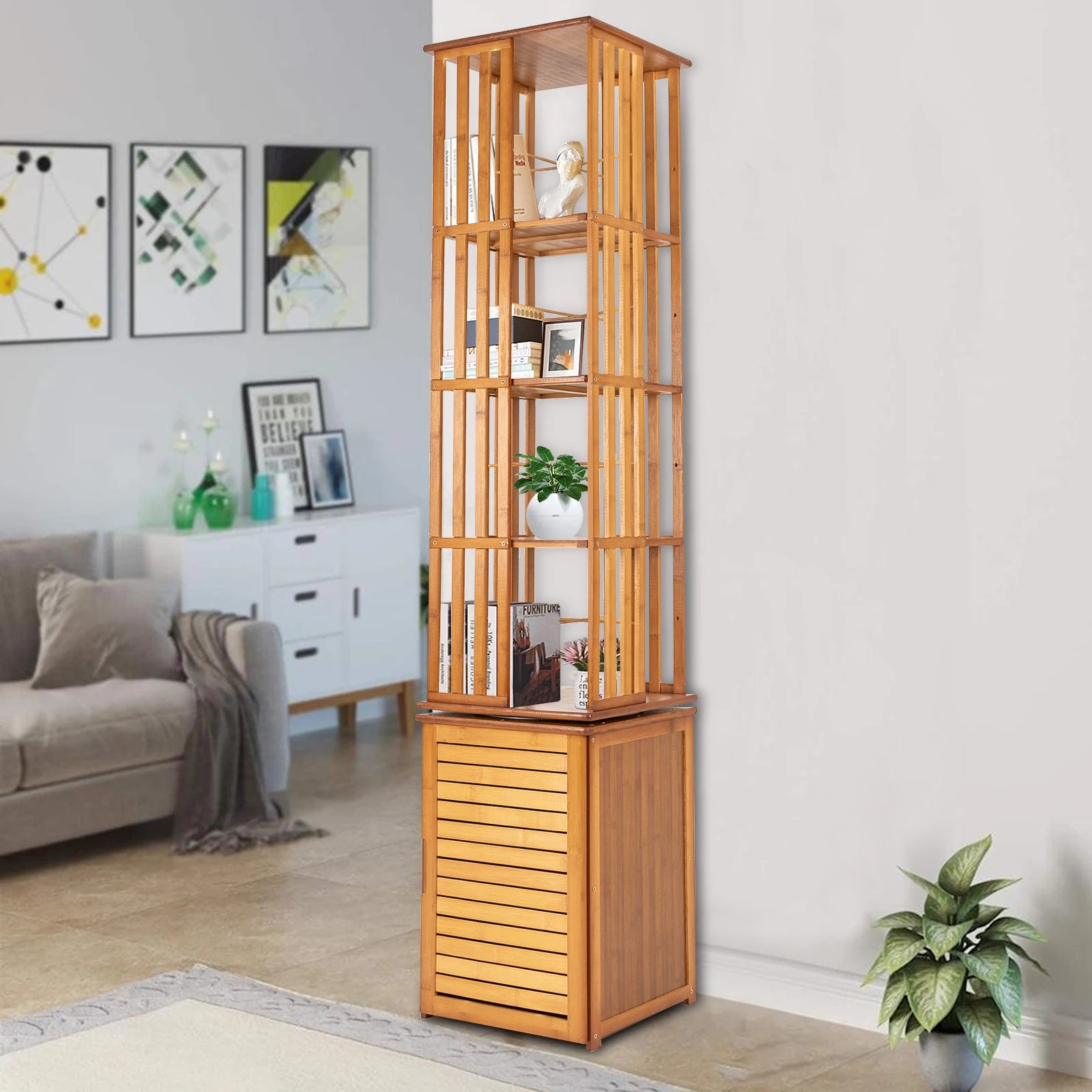 6-Tier Corner Bamboo Book Shelf Waterproof 360° Rotating Storage Display Rack Floor Standing Bookcase Shutter Door Design for Living Room Study Room Office,37*37*172cm