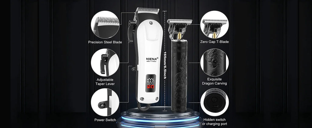 HIENA Professional Barber Kit Electric Hair Clipper Beard Shaver Detail Trimmer Cordless Rechargeable Titanium Blades for Home
