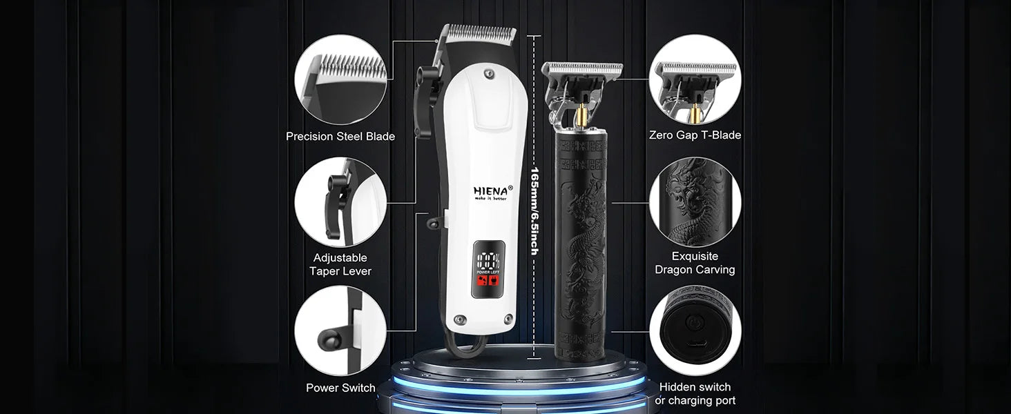 HIENA Professional Barber Kit Electric Hair Clipper Beard Shaver Detail Trimmer Cordless Rechargeable Titanium Blades for Home
