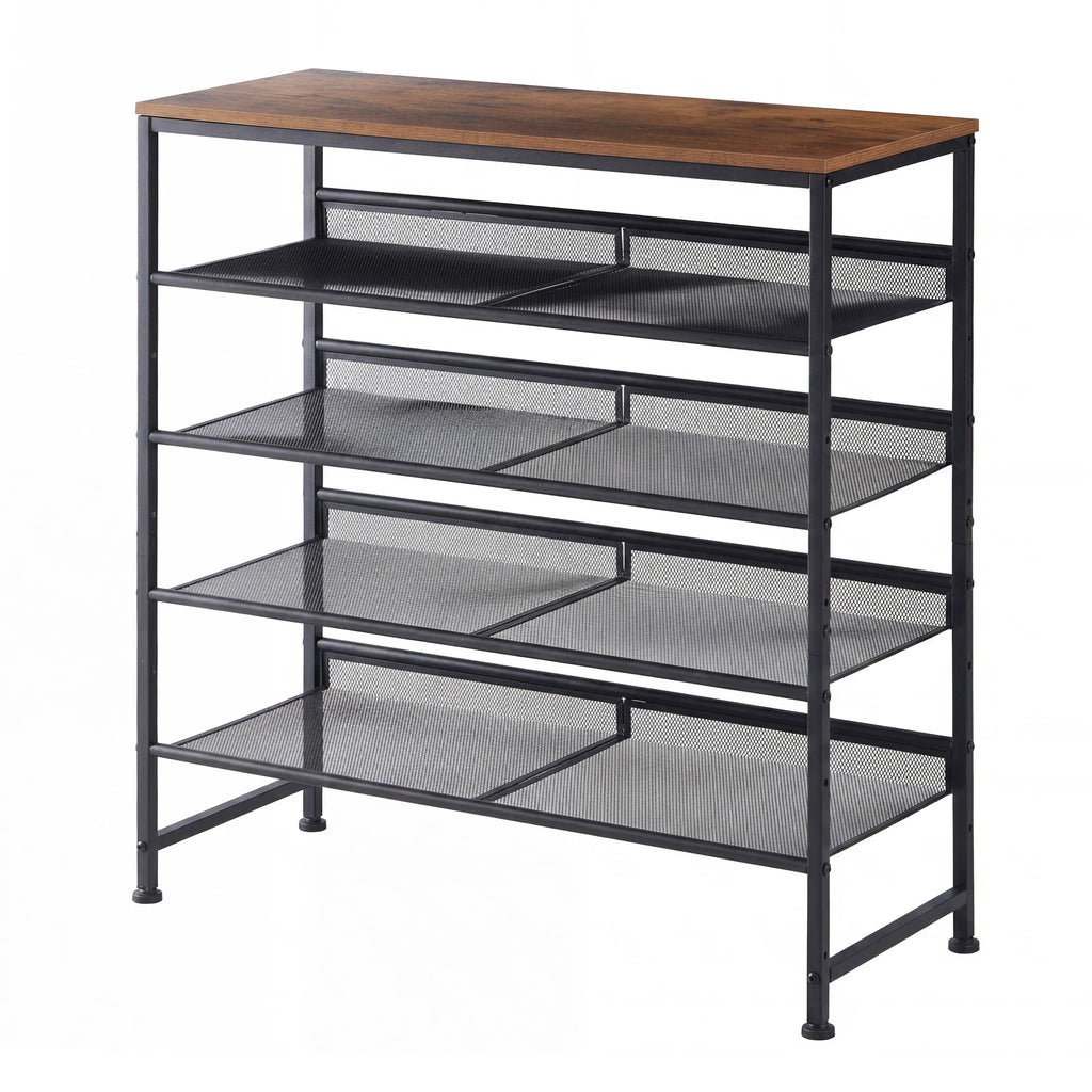JHK 5-Tier Metal Shoe Storage Cabinet Free Standing Storage Organizer Holds 16-20 Pairs for Closet Shoe Storage Shelf with Adjustable Mesh Shelves and Wooden Top for Space Saving Cabinet Home