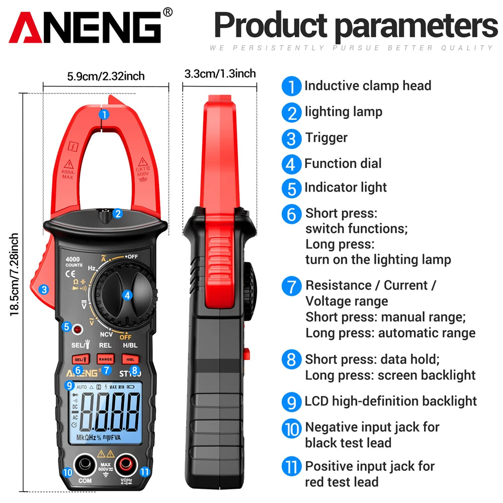 ANENG ST180 Digital Clamp Meter 4000 Counts Multimeter AC Current NCV Capacitance Resistance Frequency Tester Measurement Tool