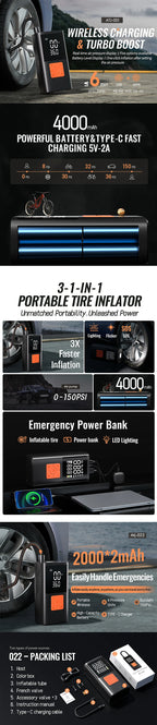 3-in-1 Portable Air Compressor & Tire Inflator, 150 PSI, Emergency Power Bank & LED Light, USB-C Rechargeable, Suitable for Car