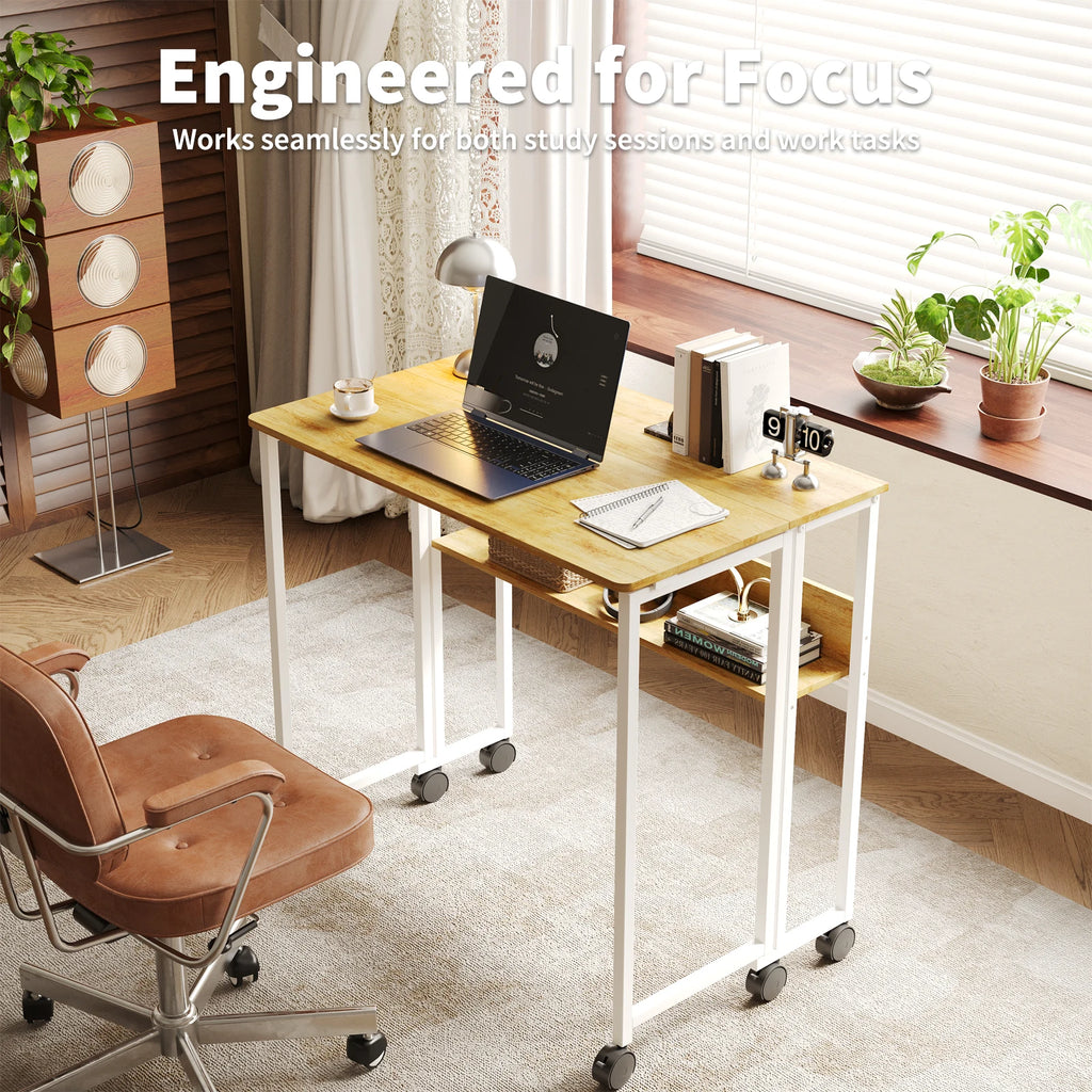 Compact 25" Folding Desk with Wheels Storage Shelf Foldable Computer Table for Small Spaces Home Office Dorm Sturdy Iron Frame Easy Assembly Natural Oak/White/Black