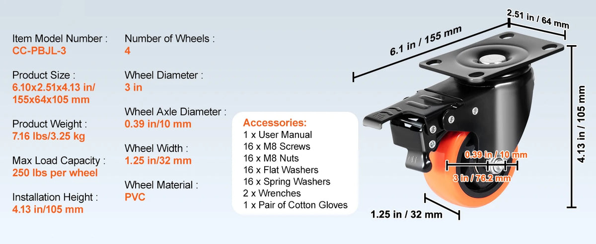 SucceBuy 2/3/4/5/6-inch Swivel Plate Casters Set of 4 with Security Dual Locking PVC Caster Wheels for Cart Furniture Workbench